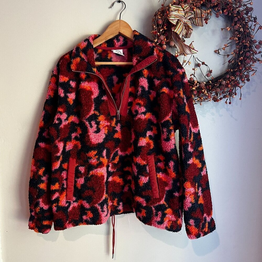 Sage Collective Womens Faux Shearling Printed Mock Neck Sweater MEDIUM in Red